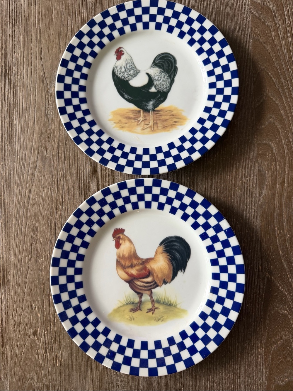 Williams Sonoma Vintage Rooster Salad/App Plates Set of 2 - Blue Checker Rim